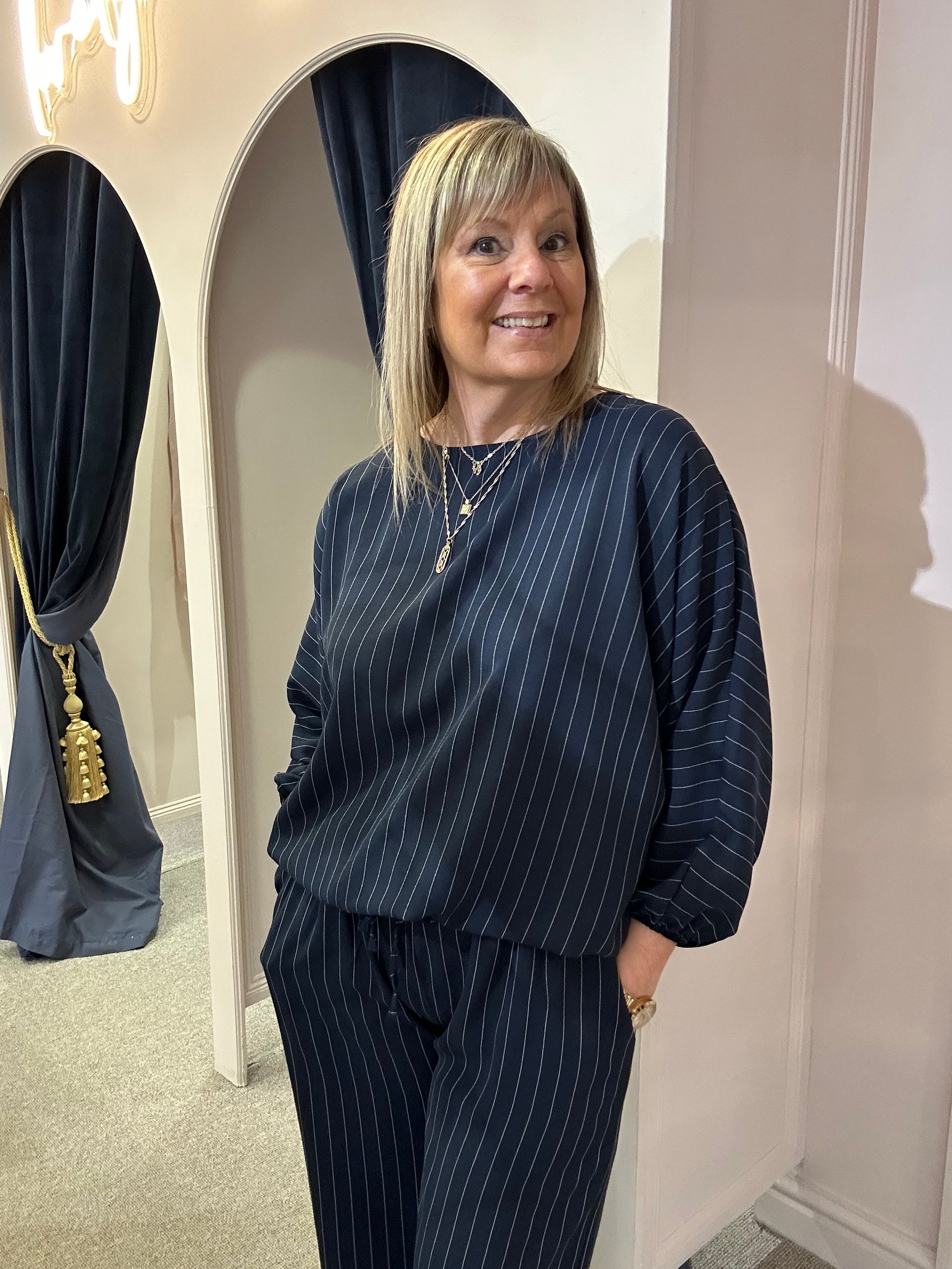 Pinstriped Batwing Top & Pant Set - Navy/White - Wardrobe By Simone