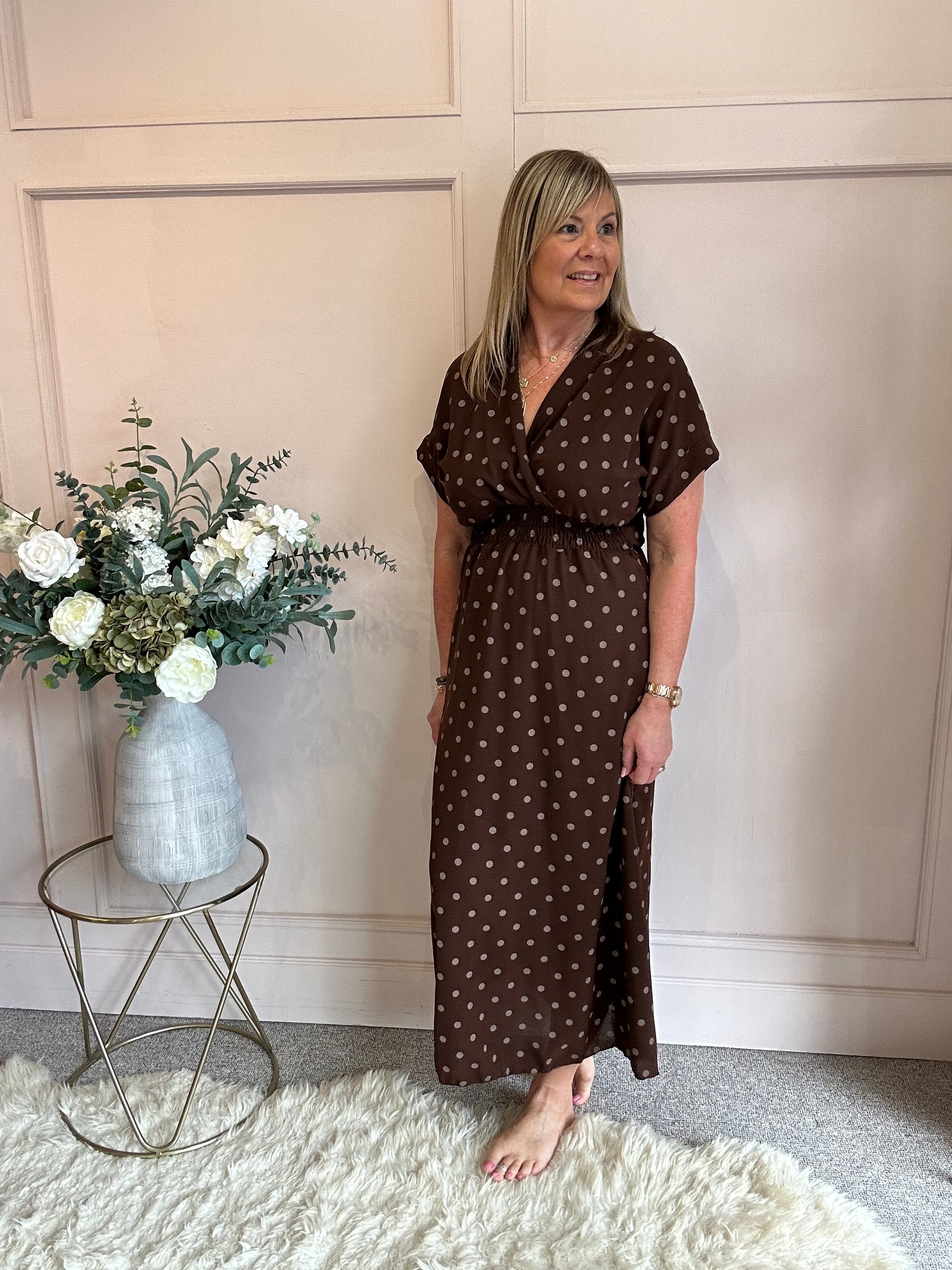 V Neck Polka Dot Dress Brown Elastic Waist - One Size