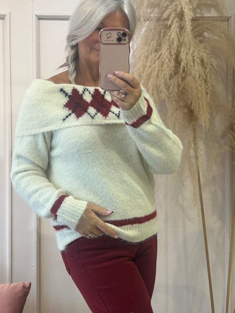 Off Shoulder Jumper - Cream/Burgundy