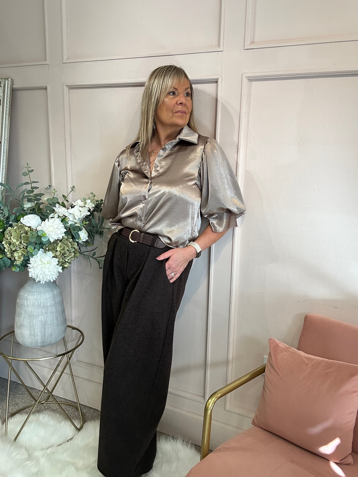 Satin Puff Sleeve Shirt - Champage