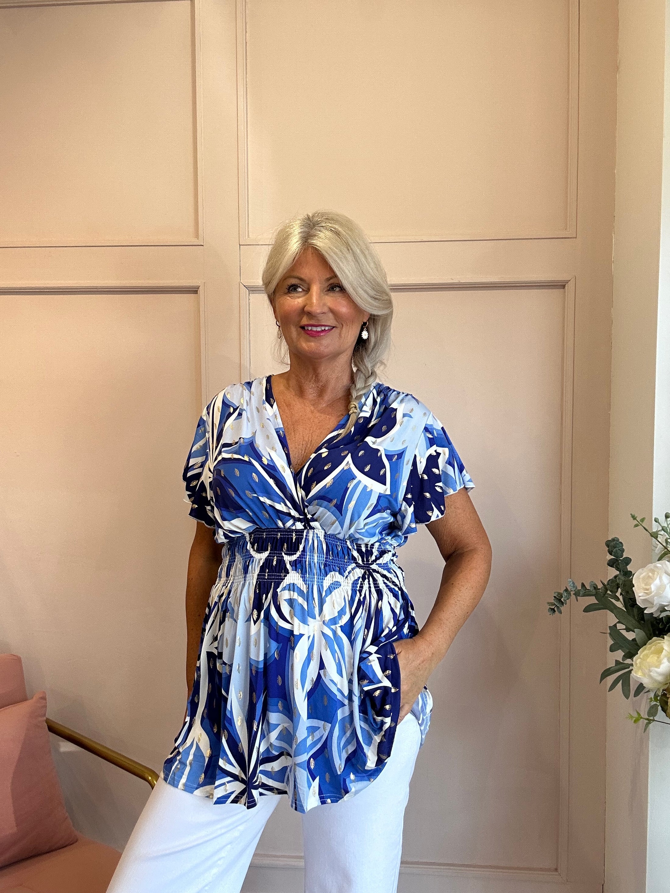 Slinky Cross Over Long Top  - Blue/White - Wardrobe By Simone