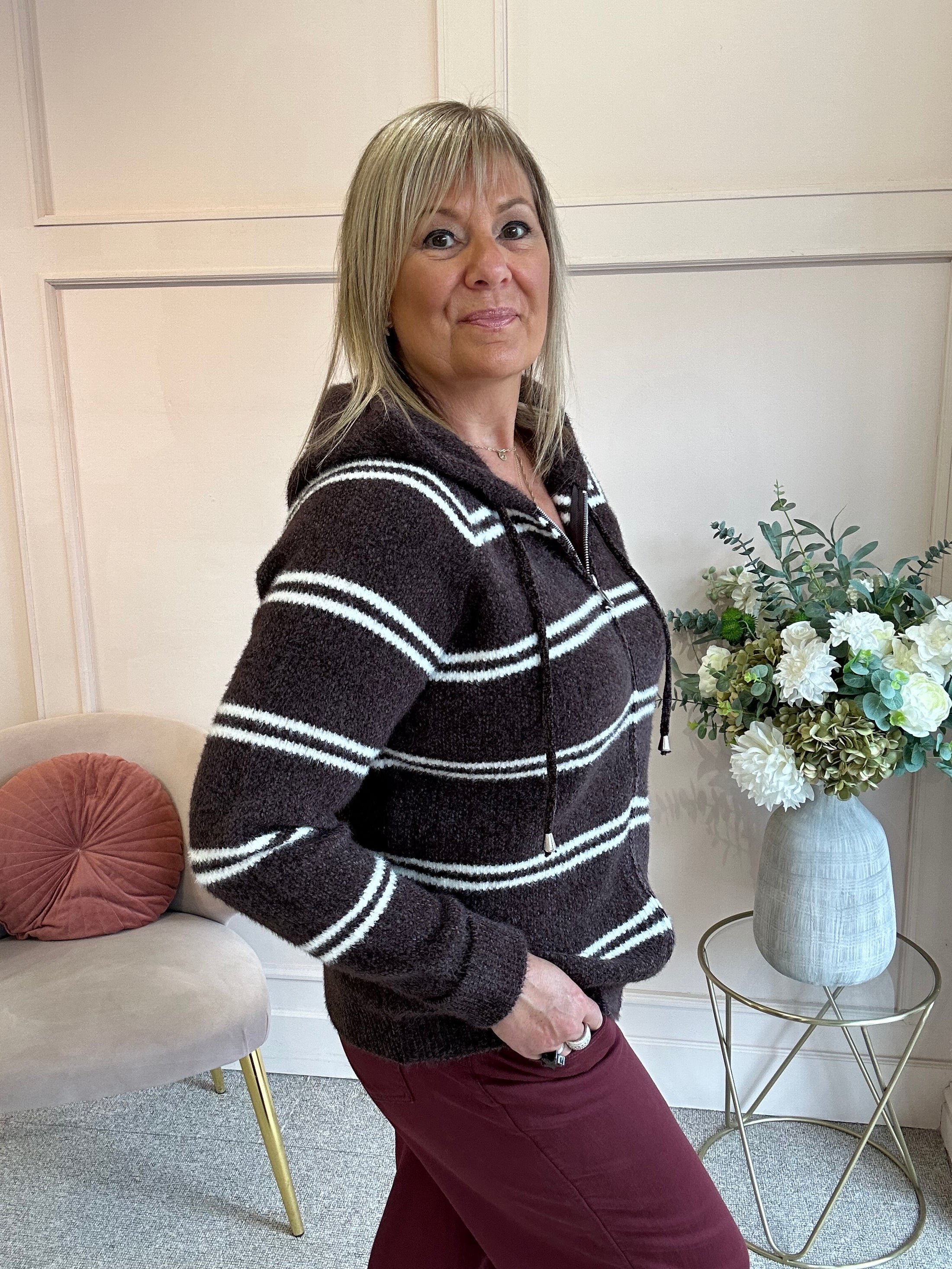 Hoody Striped Zip Cardigan- Brown/Cream