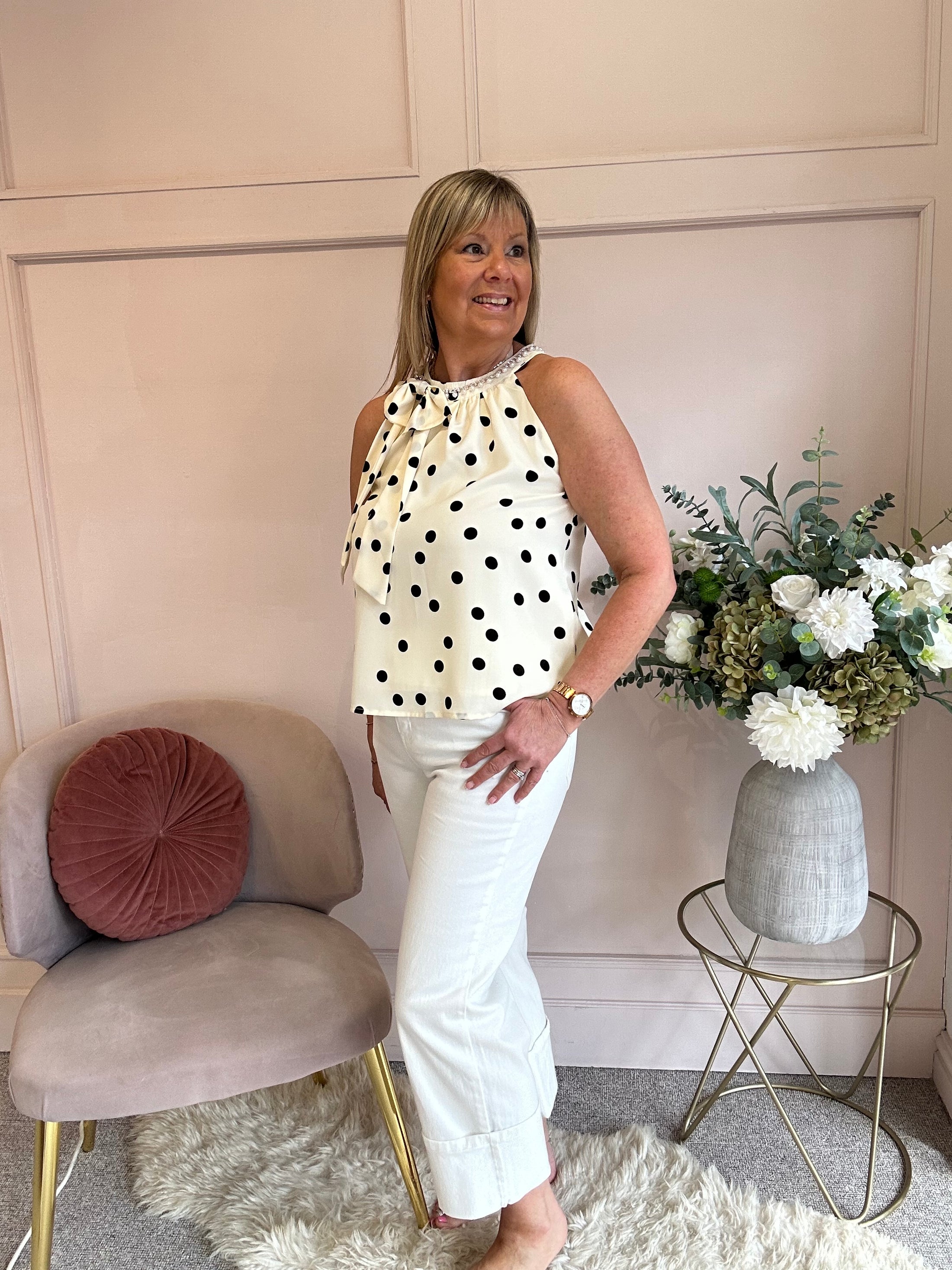 Polka Dot & Pearl Top - Cream/Black - Wardrobe By Simone