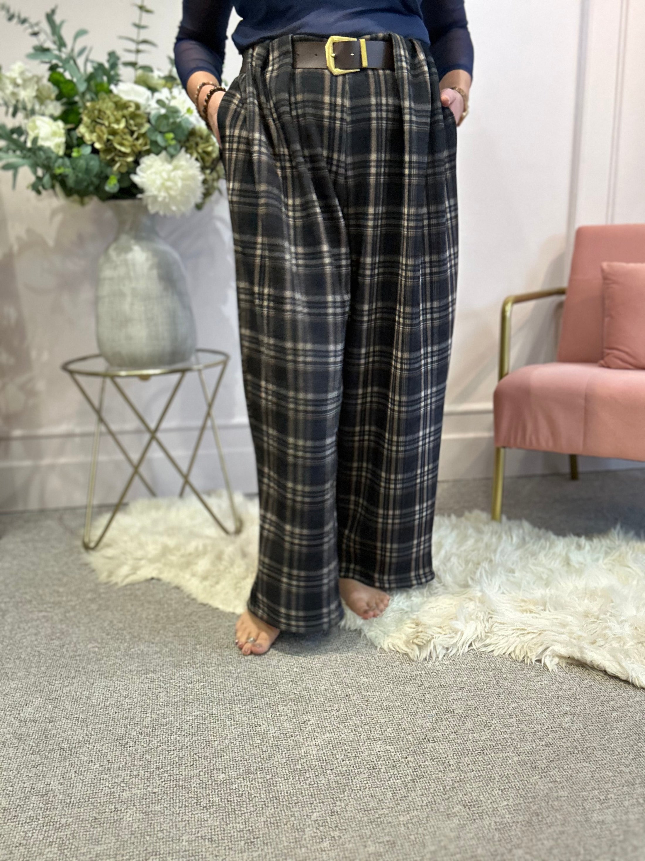Mixed Checked Chenille Wide Pant - Blue