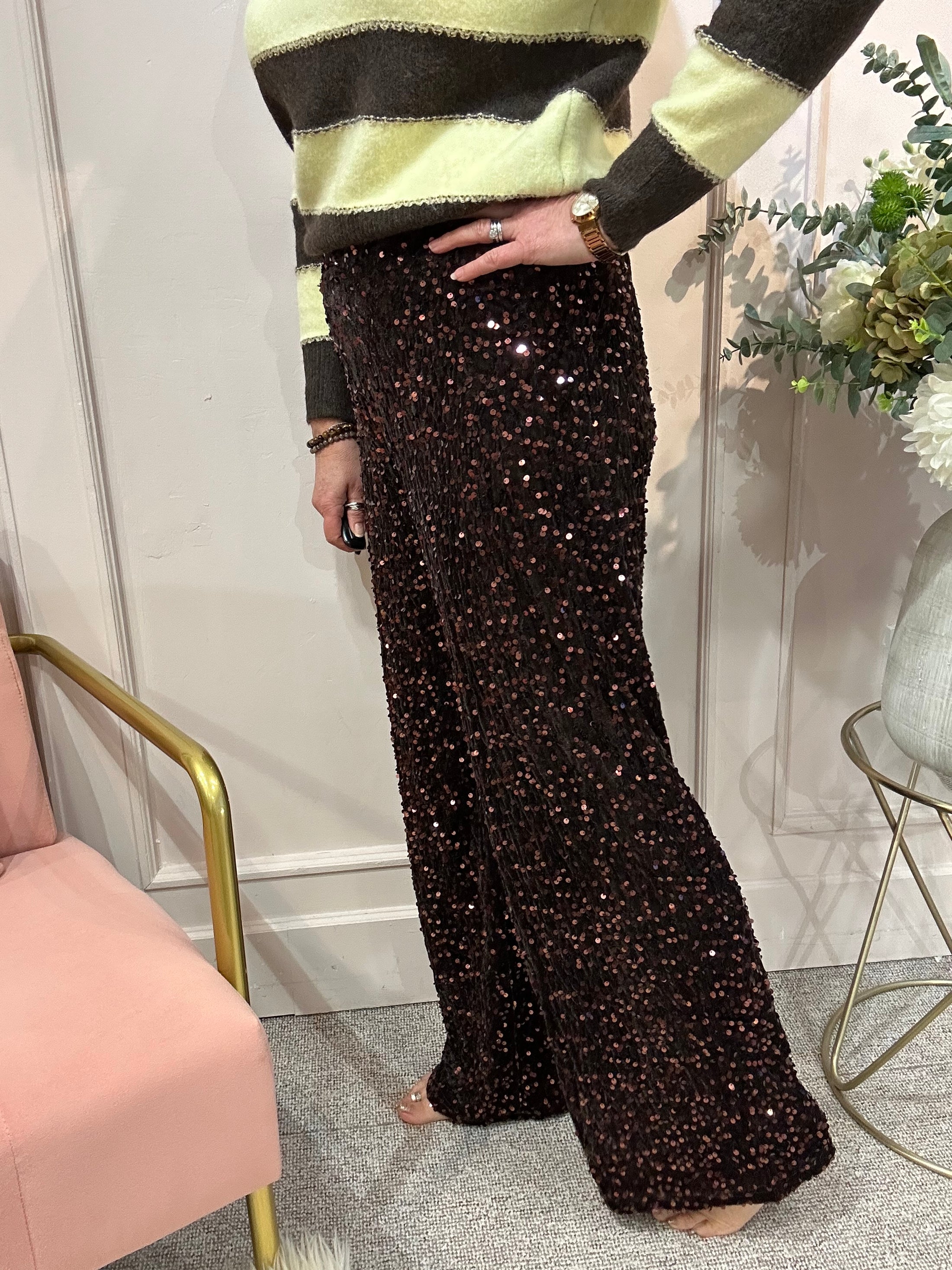 Shimmer Sequin Wide Pans - Browns