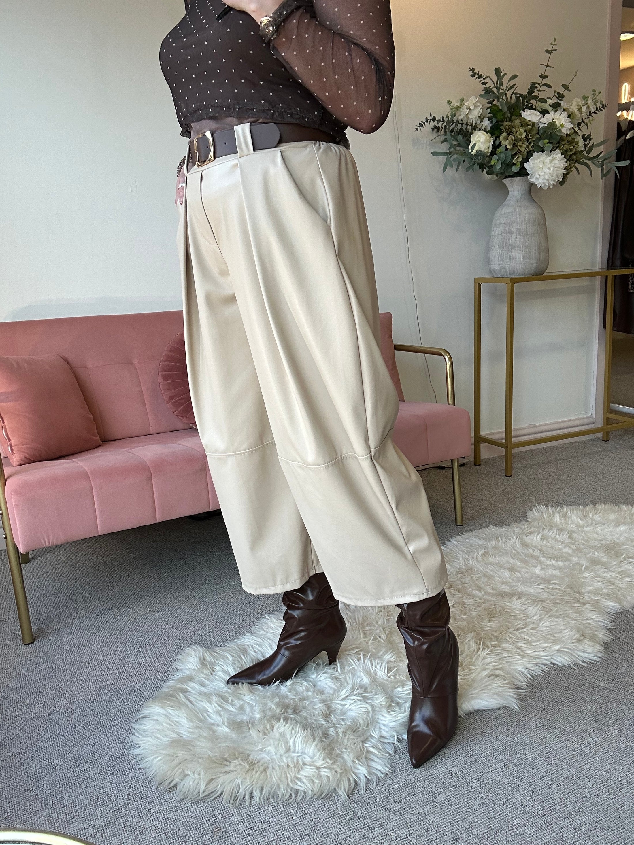 Faux Leather Wide Leg Trouser - Cream