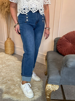 Gold Button Wide Cuff Jeans - Mid Blue