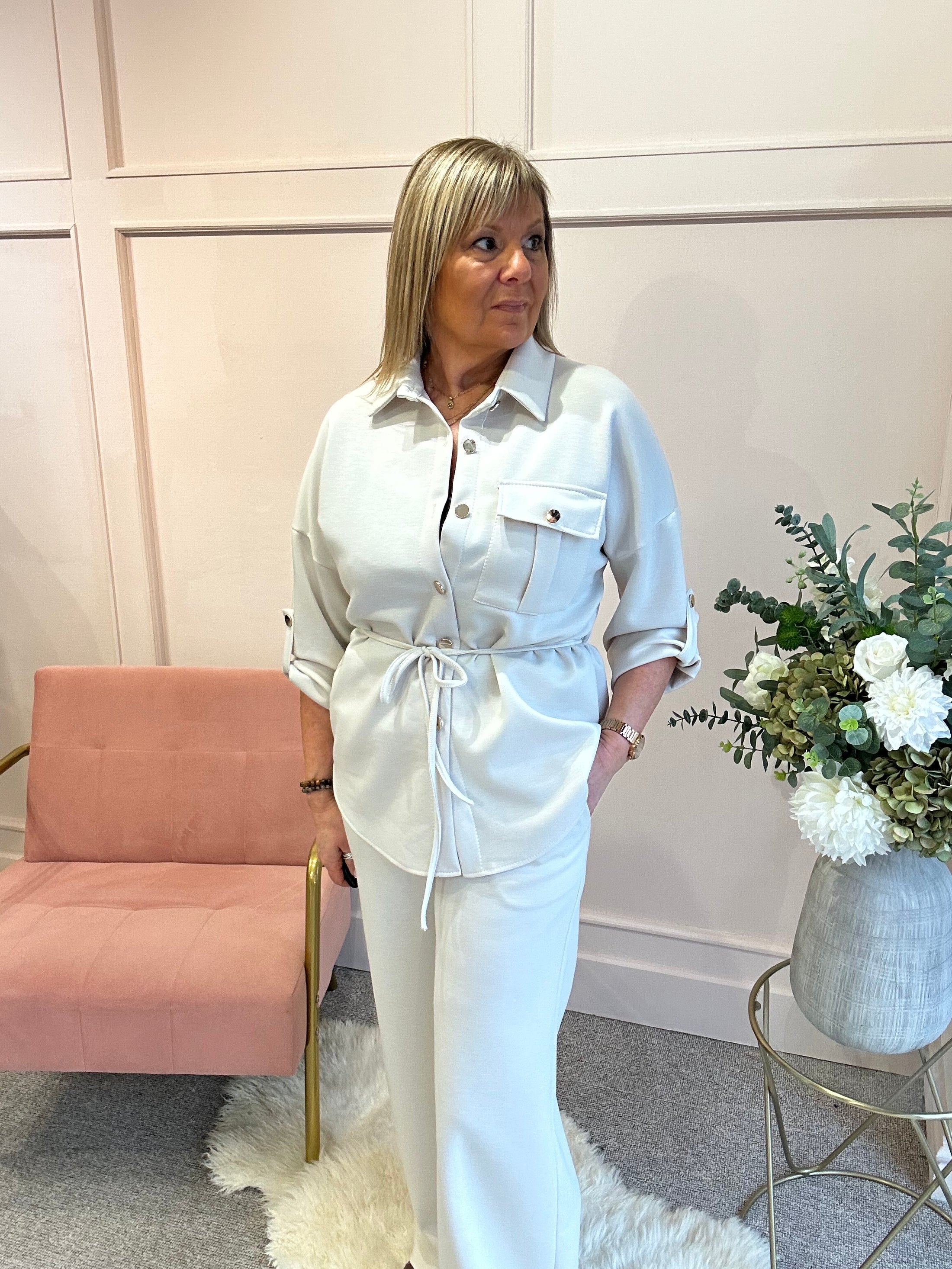 Tunic Shirt Jacket &Trouser Set - Cream