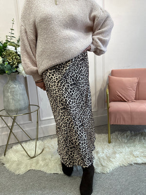 Satin Leopard Maxi Skirt - Brown/Black