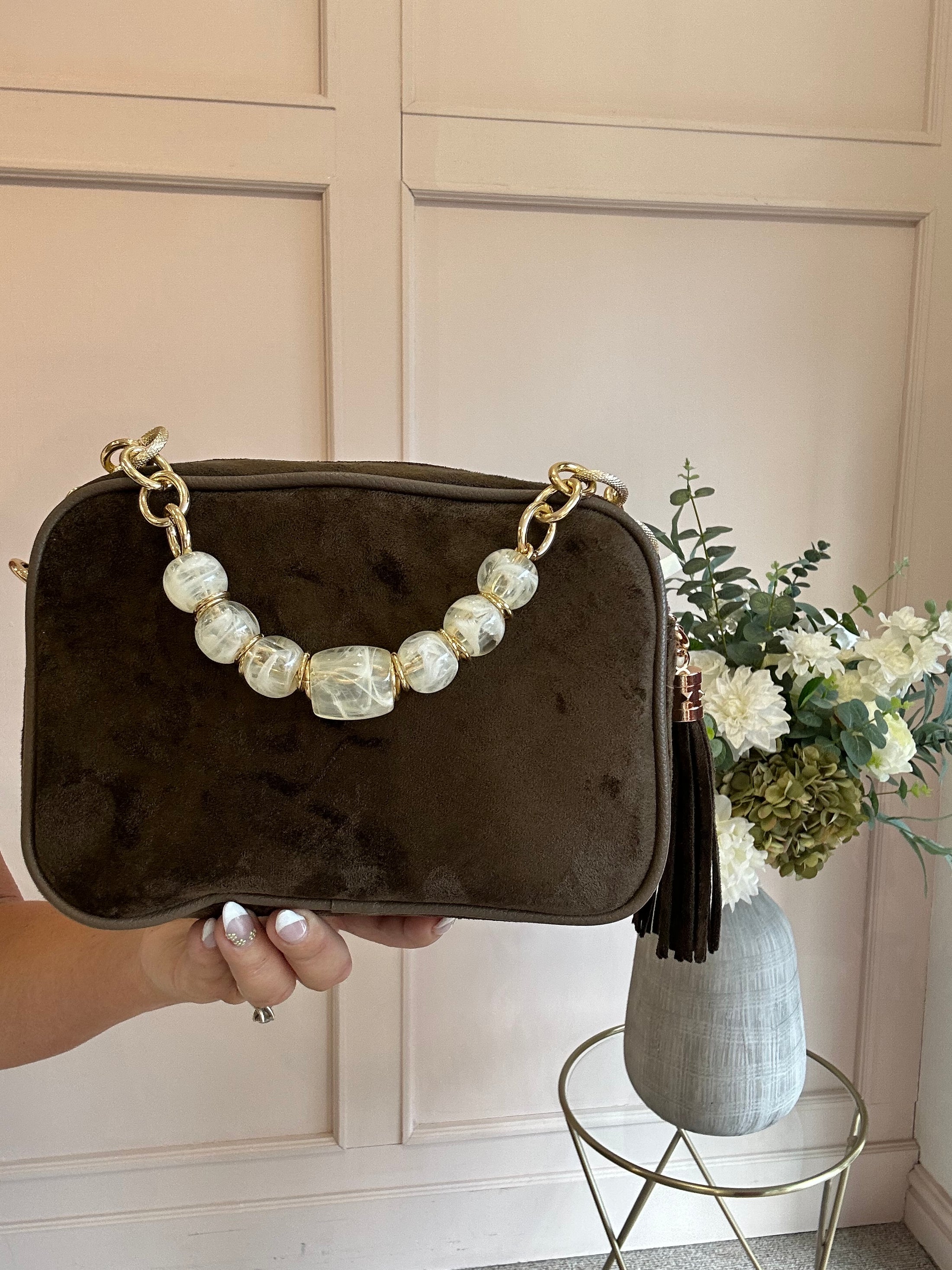 Cross Body With Chain & Bead Bag - Brown - Wardrobe By Simone