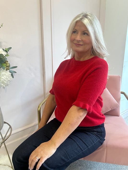 Fluted Edge Short Sleeve Jumper - Red