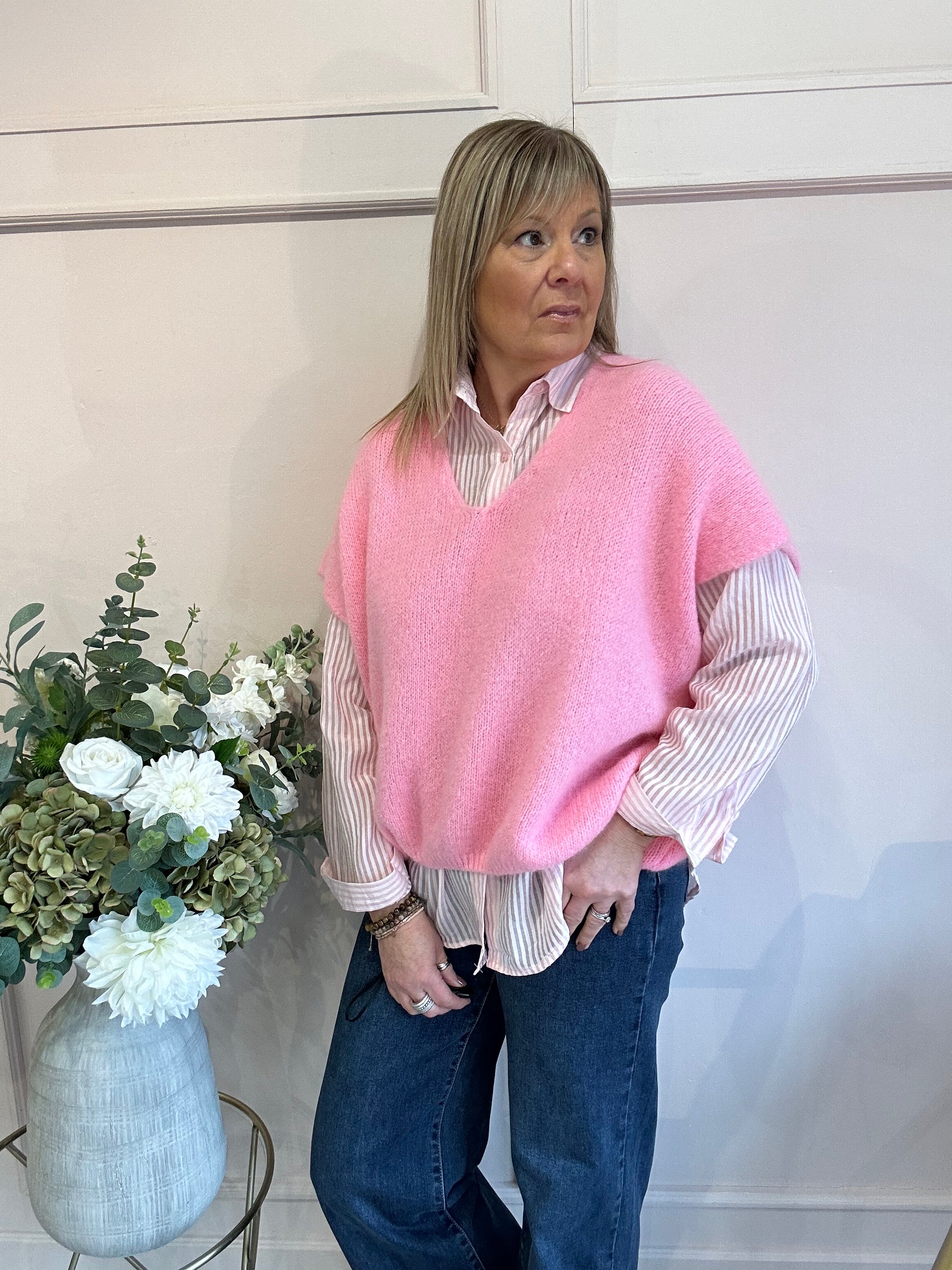 V Neck Oversized Tank Top - Pink