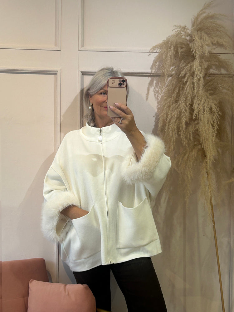 Fluff Detail  Zipped Cardi/Jacket - Cream