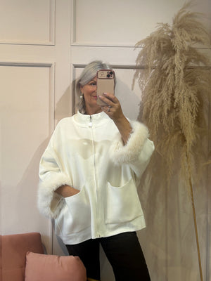 Fluff Detail  Zipped Cardi/Jacket - Cream