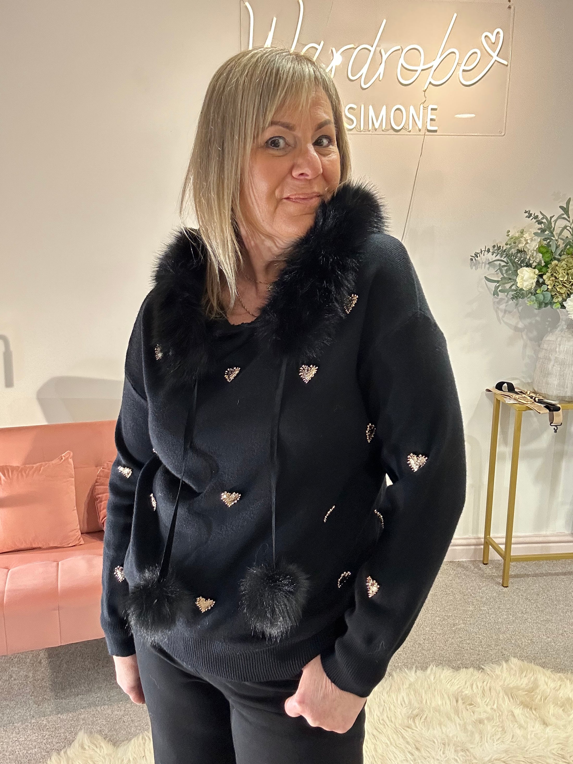 Gold Hearts & Fur Trim Hoody Jumper - Black