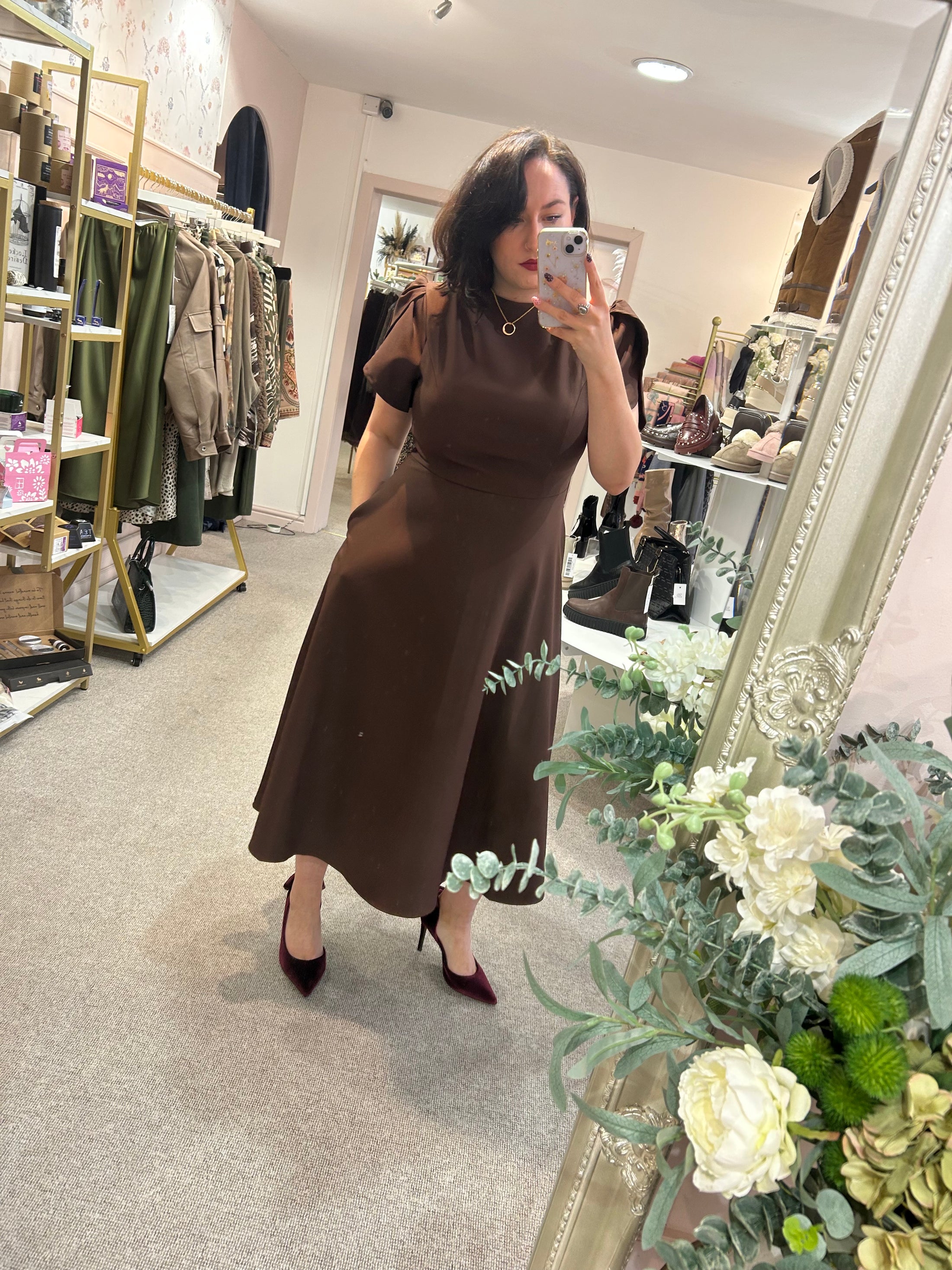 Tulip Sleeve High Neck Dress - Brown