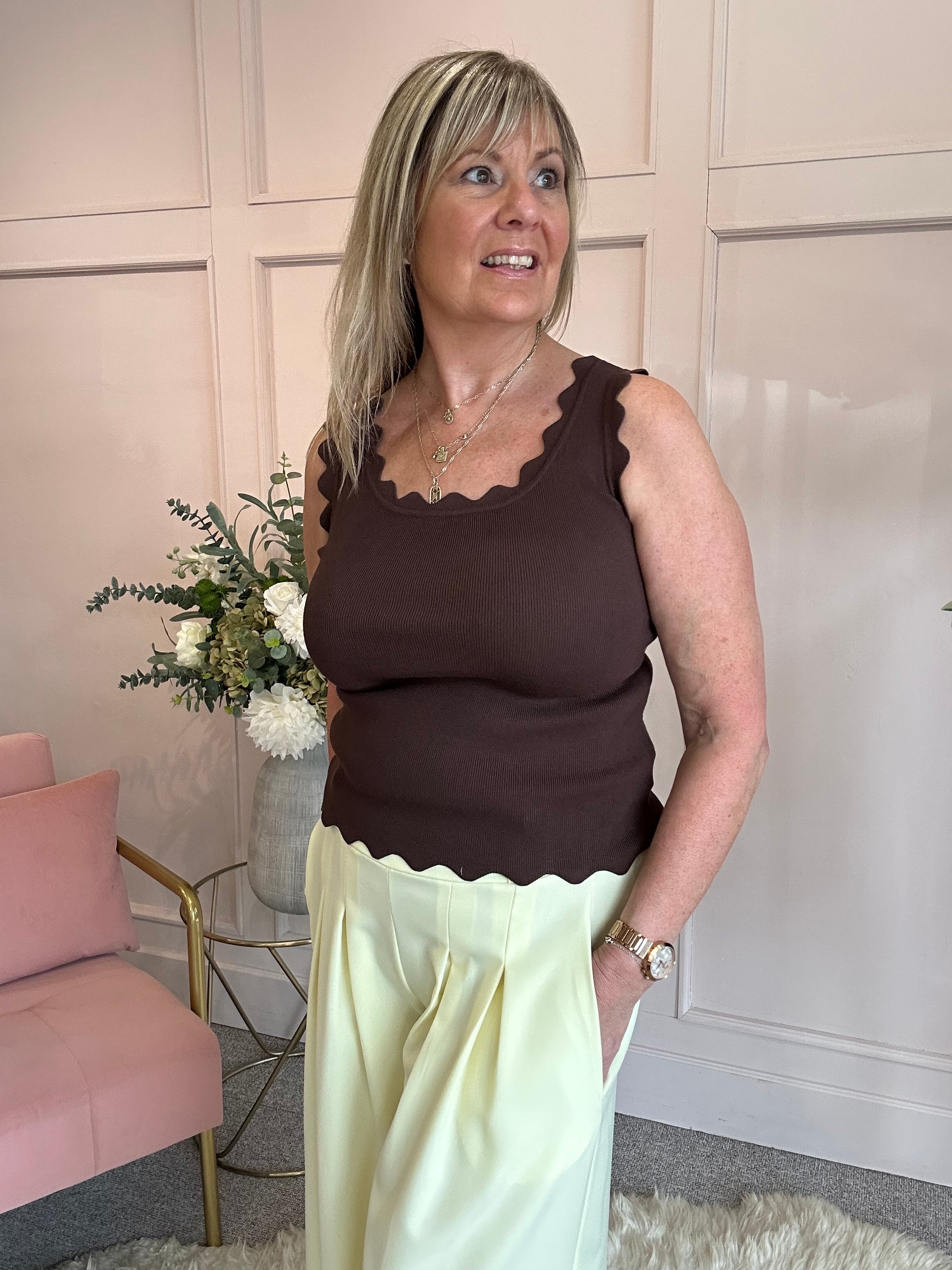 Scalloped Edged Vest Top - Brown
