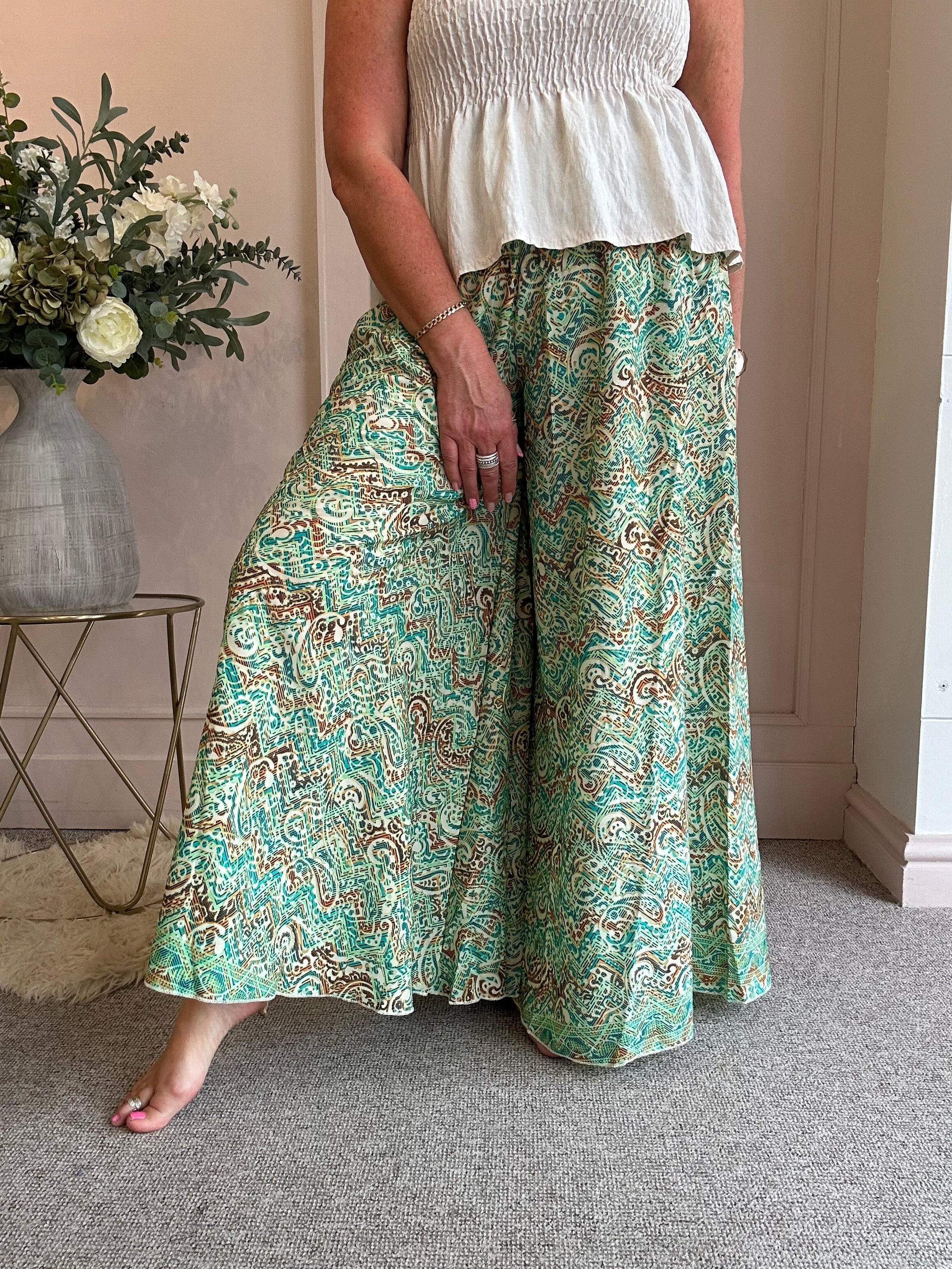 Paisley & Fleck Of Gold Wide Pant - Green - Wardrobe By Simone