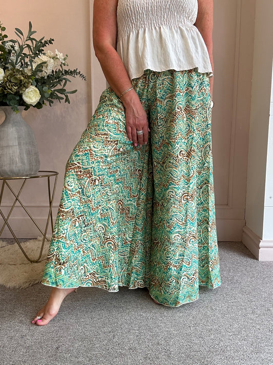 Paisley & Fleck Of Gold Wide Pant - Green - Wardrobe By Simone