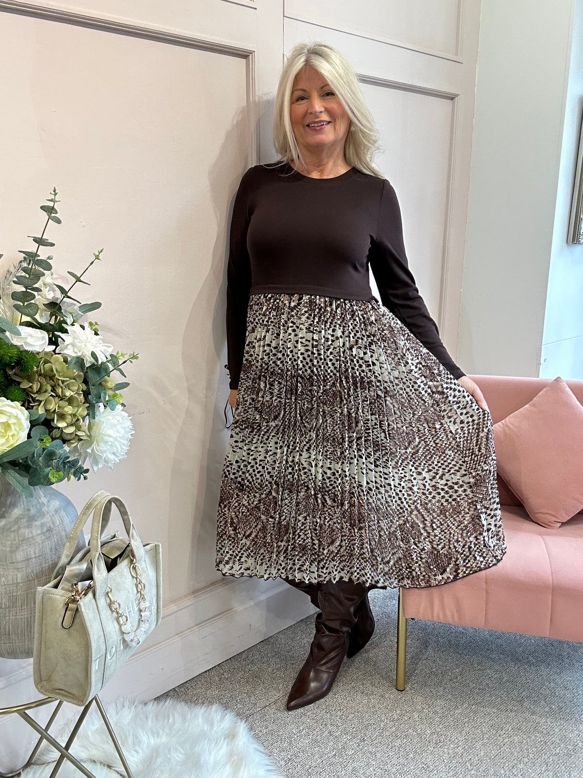 Jersey Top & Pleated Skirt Dress - Brown/Cream