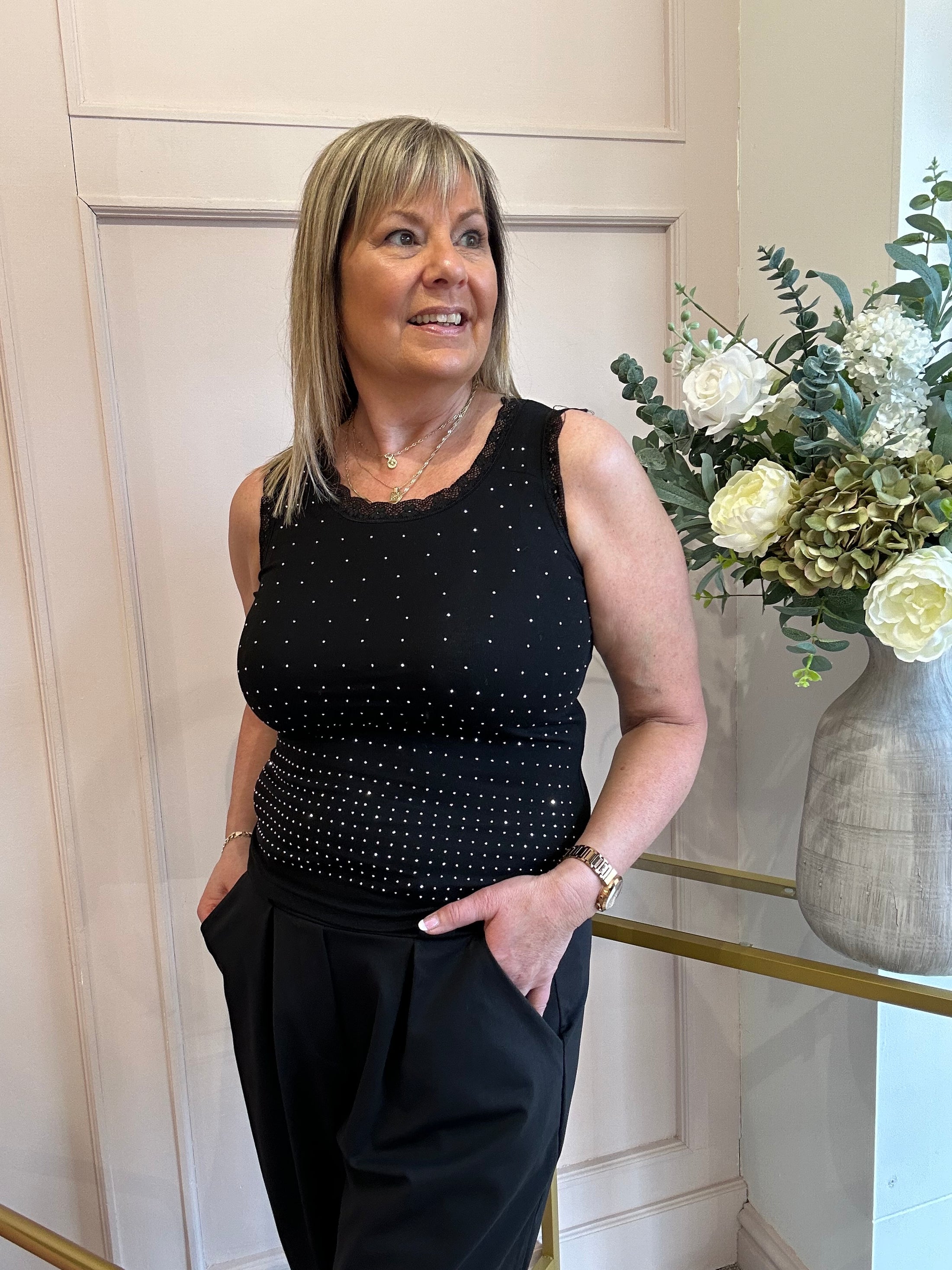 Sparkle Lace Edge Vest - Black - Wardrobe By Simone