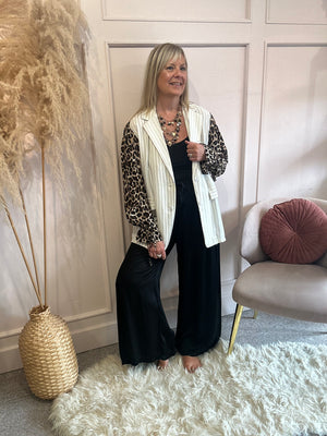 Pinstripe & Leopard Sleeve Blazer - Cream/Leopard - Wardrobe By Simone