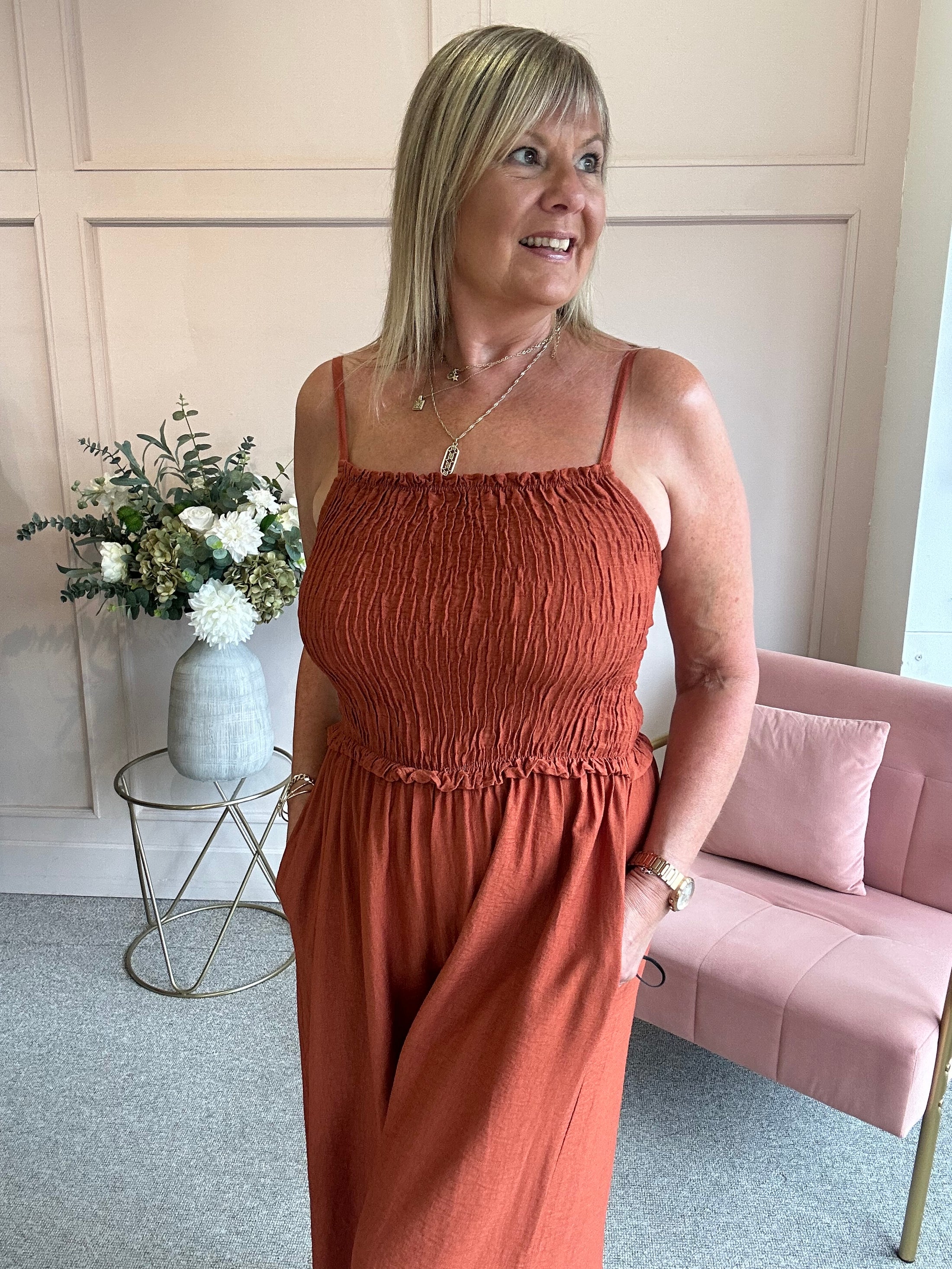 Elasticated Bodice & Wide Leg Jumpsuit - Rust