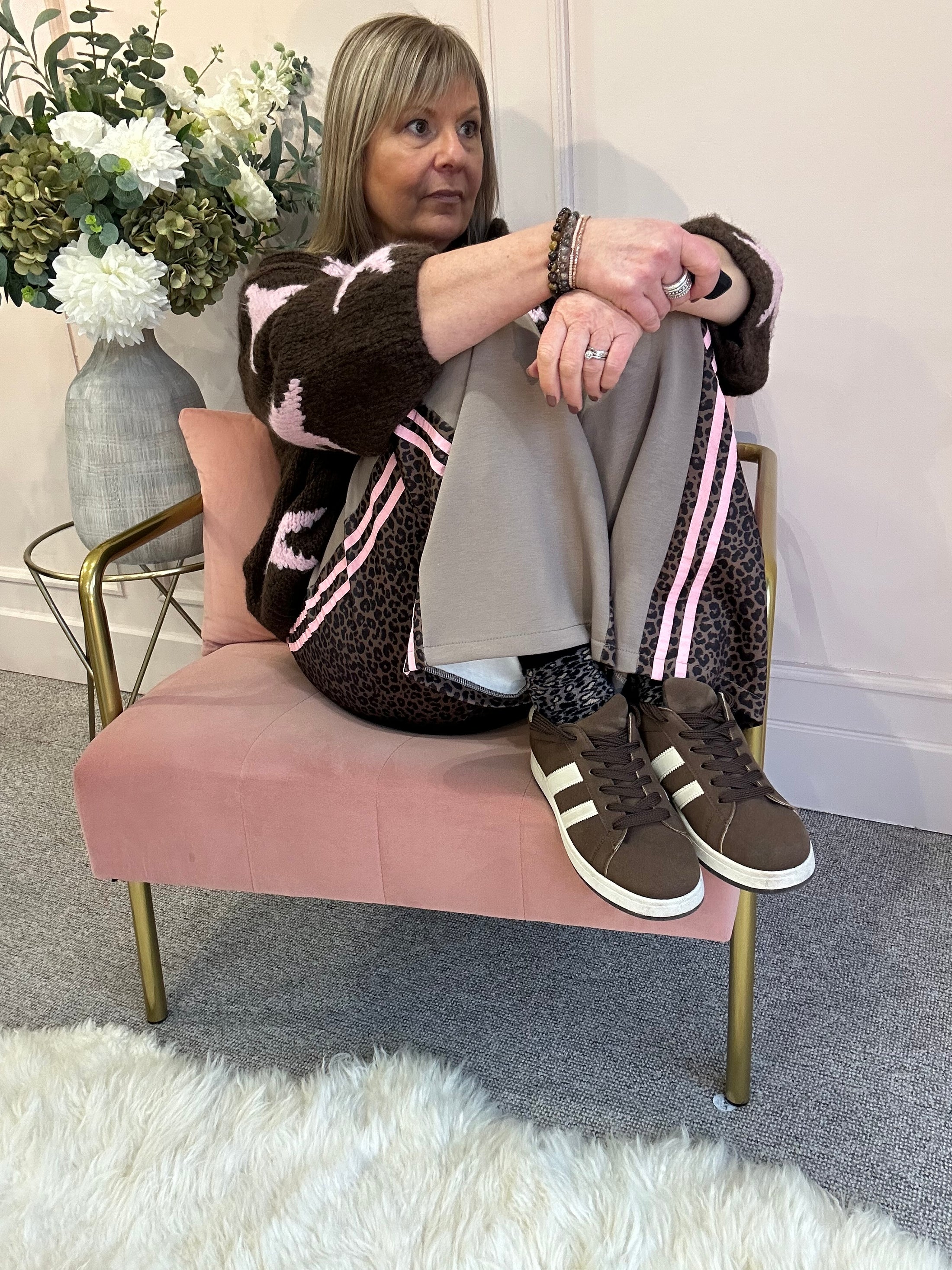 Quirky Side Striped Lounge Pant - Mocha/Pink