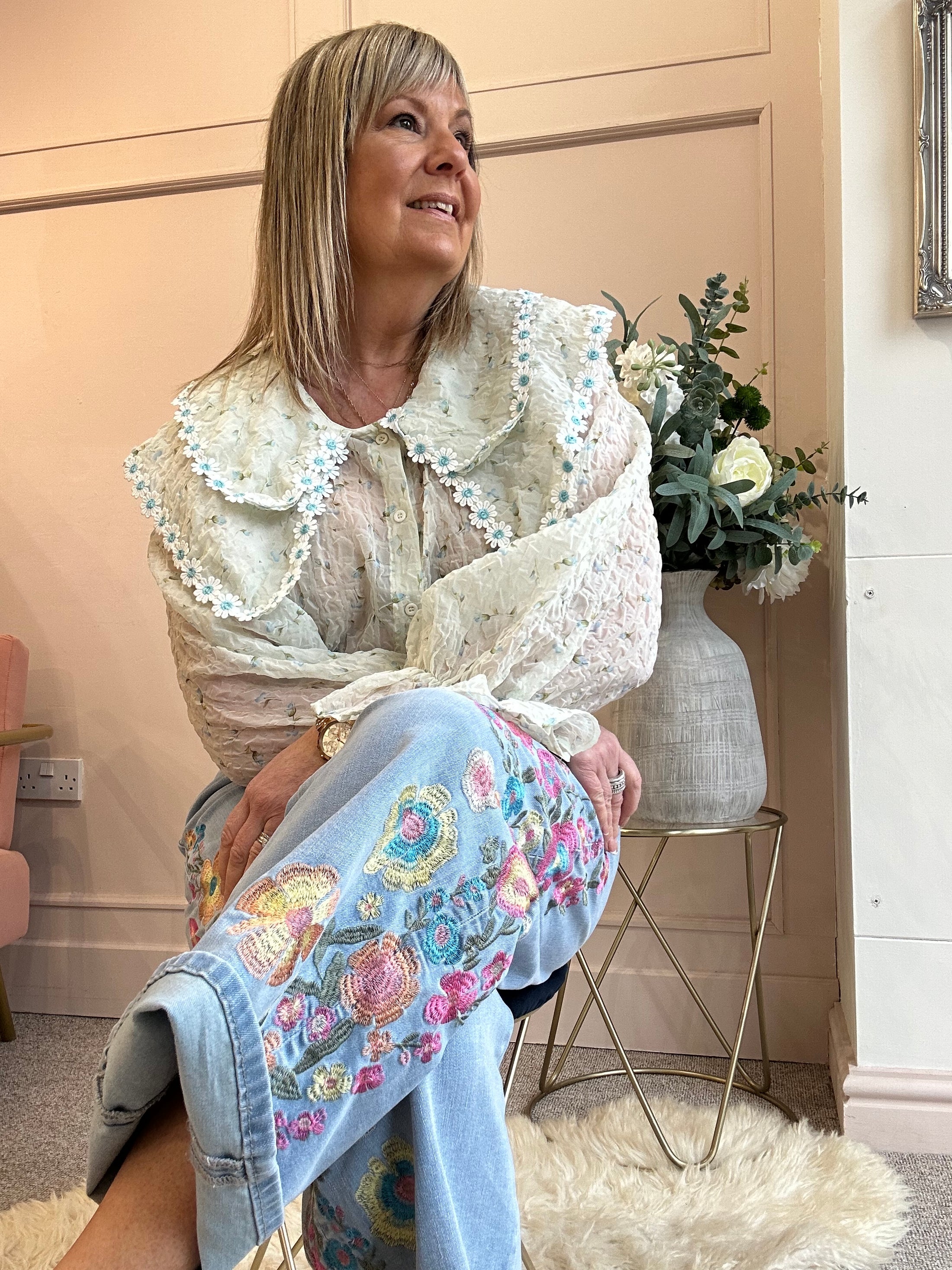 Pretty Embroidered Flowes Jean - Denim Blue - Wardrobe By Simone