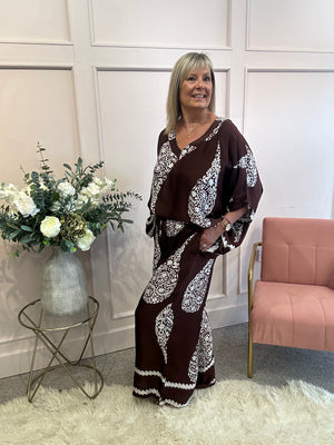 V Neck Top & Wide Pant Set - Brown/Cream