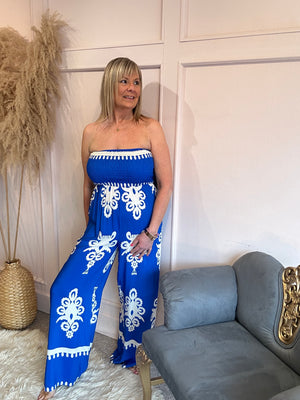Strapless Damask Jumpsuit - Blue/Cream