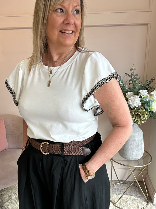 Black Gold Frill Edged T Shirt  - Soft Cream - Wardrobe By Simone