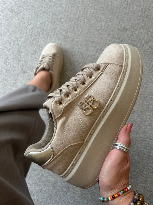 Gold Logo Embellished Trainer - Beige - Wardrobe By Simone