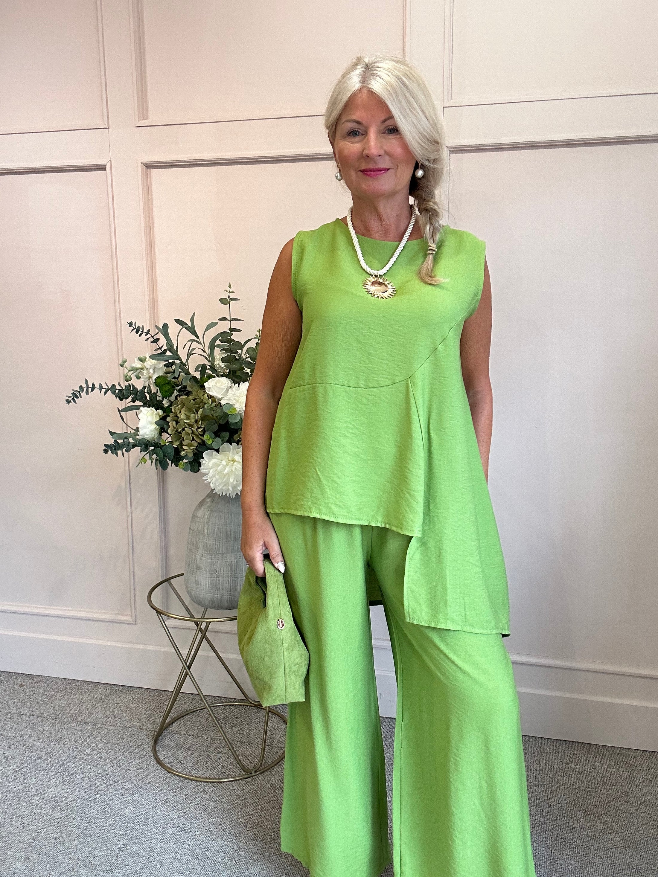 Sleeveless Asymmetrical Top & Pants Set - Green One Size