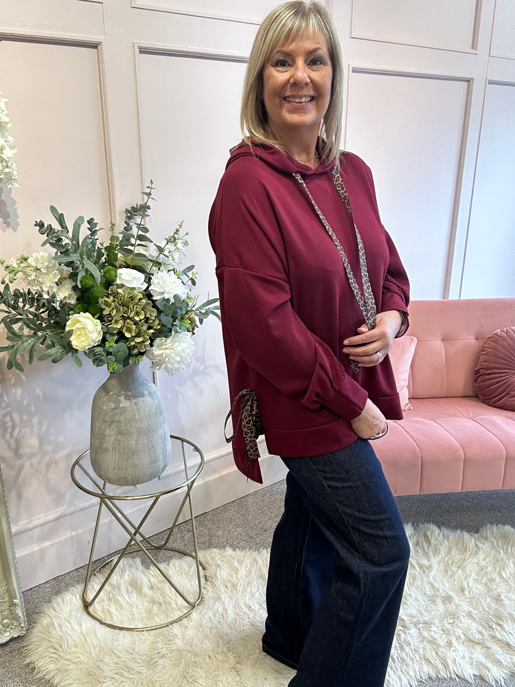 Cosy Leopard Tie Hoody  - Burgundy