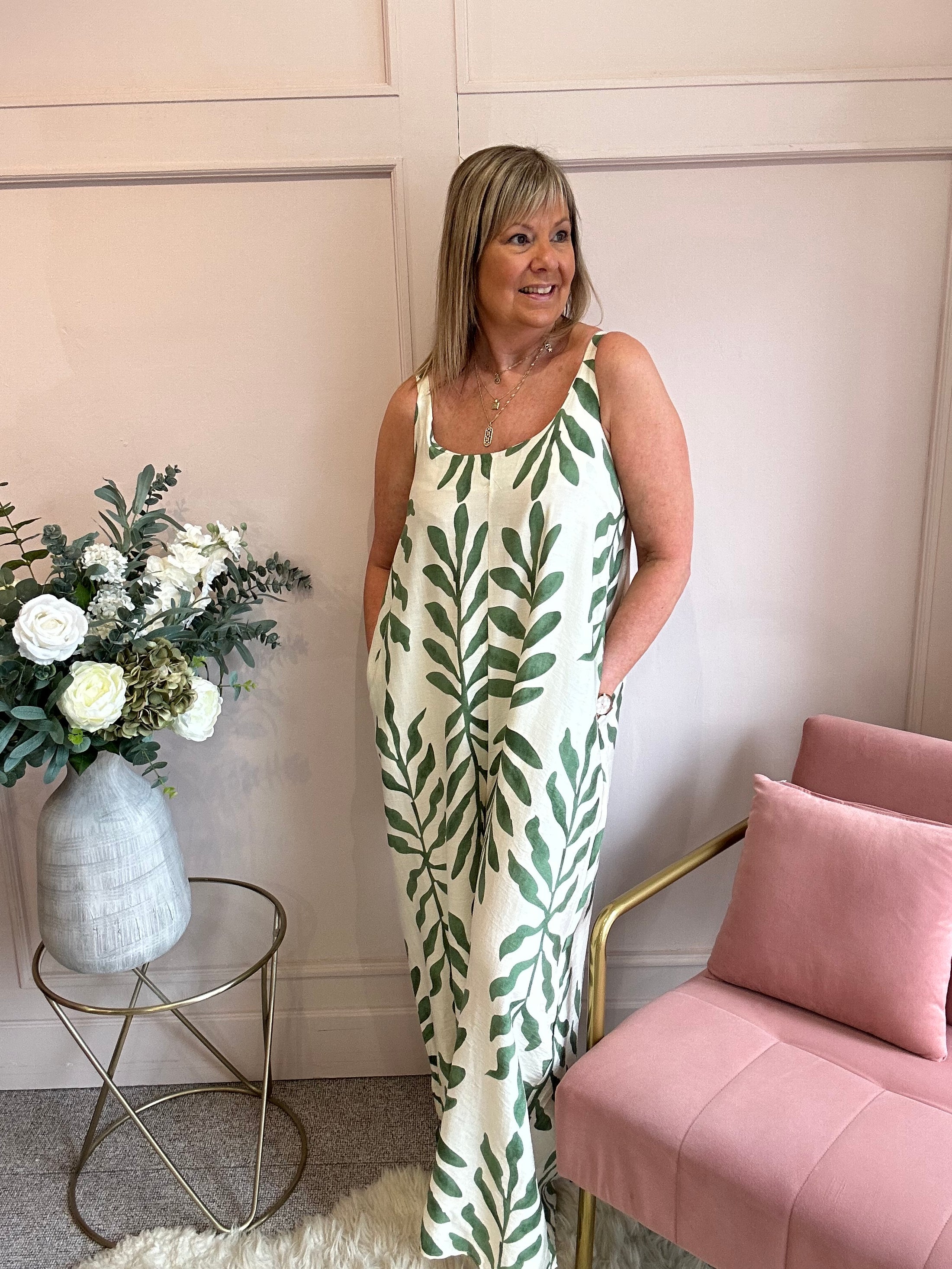 Botanical Dungarees - Cream/Green - Wardrobe By Simone