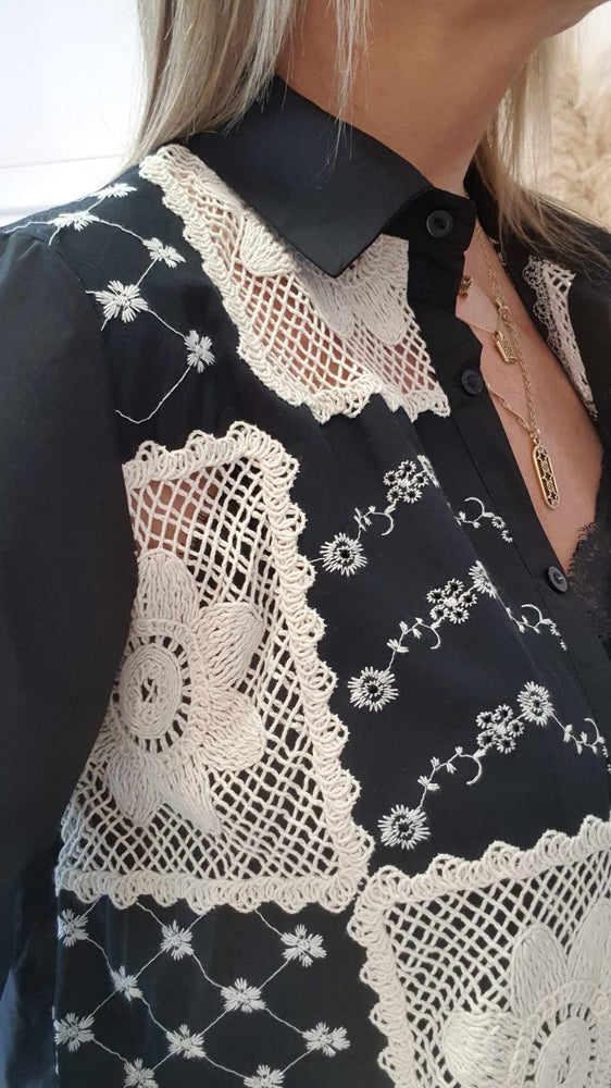 Embroidered Panel Front Detail Shirt - Black