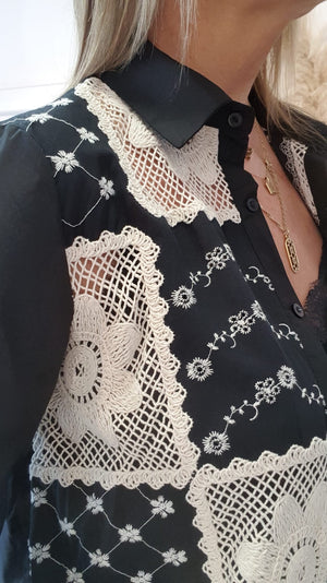 Embroidered Panel Front Detail Shirt - Black