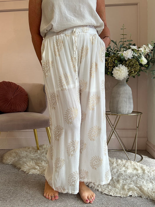 Paisley Gold Embroidery Pant - White/Gold - Wardrobe By Simone
