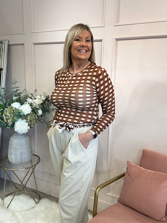 Bold Checked Mesh Top - Terracotta/Cream - Wardrobe By Simone