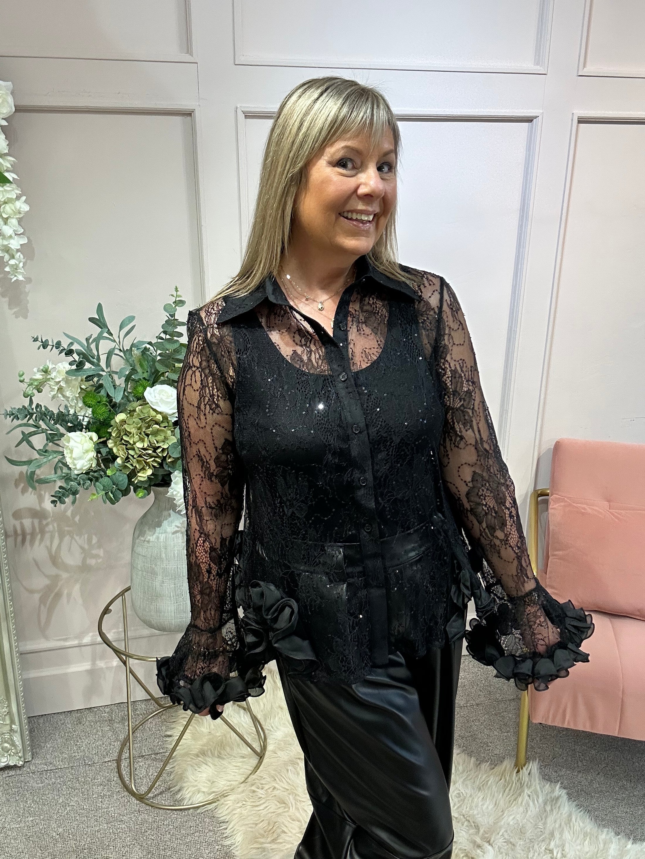 Pure Romance Rose Frill Blouse - Black