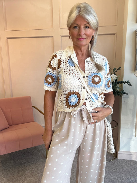 Crochet Collared Cardigan - Cream/Blue/Tan - Wardrobe By Simone