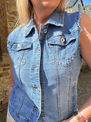 Denim Sleeveless Jacket - Mid Blue