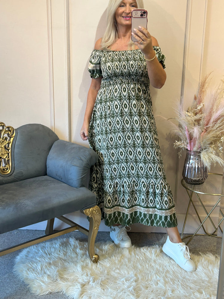 Aztec Mixed Print Dress - Khaki/Cream