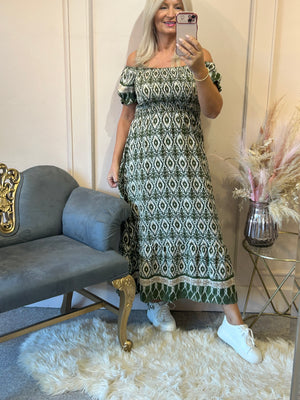 Aztec Mixed Print Dress - Khaki/Cream