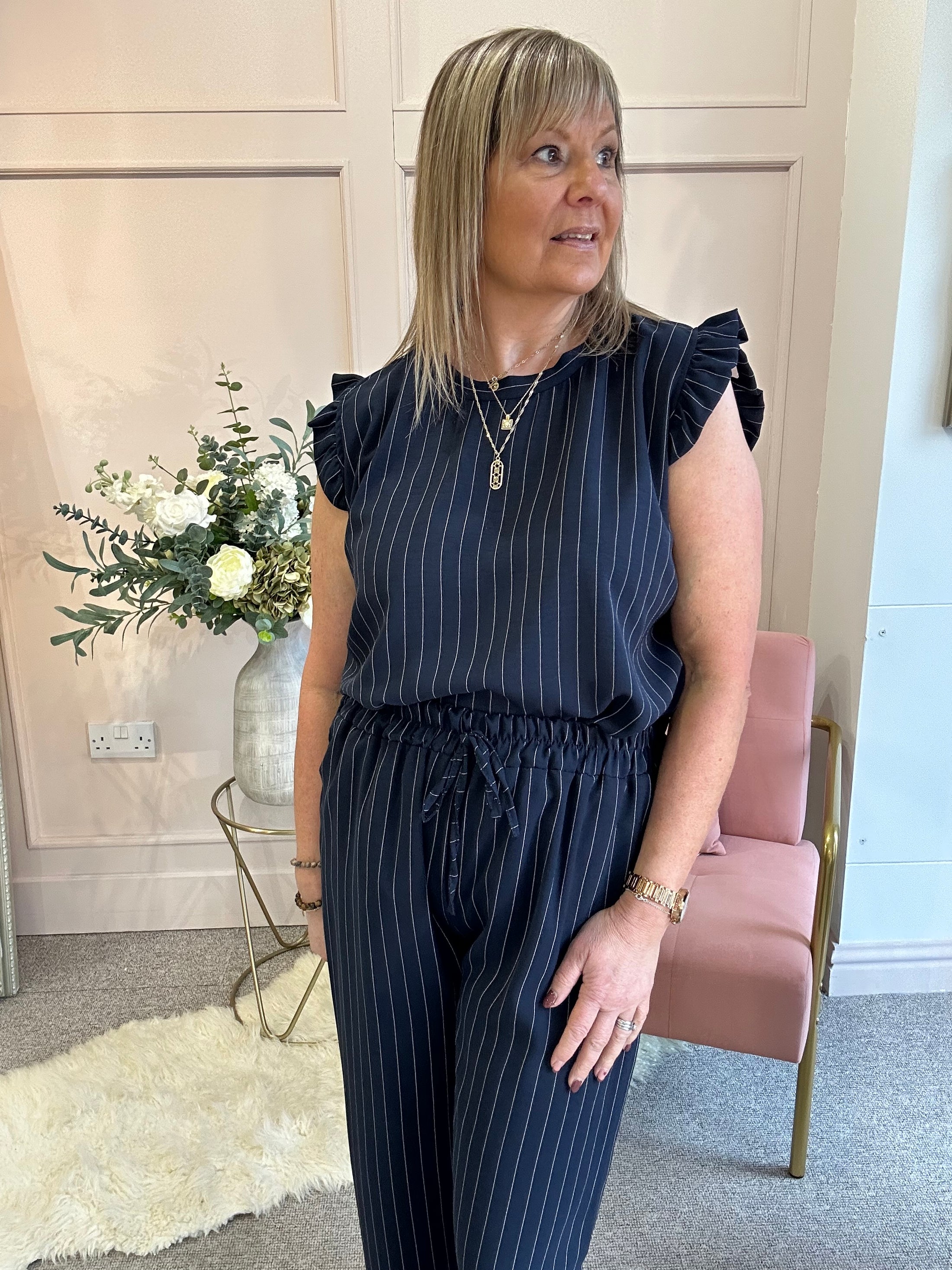 Pinstriped Frill Cap Top & Pant Set - Navy/White - Wardrobe By Simone