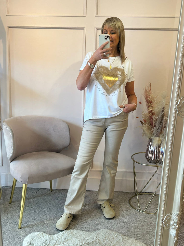 Swirl Gold/Beige Heart T-shirt - White