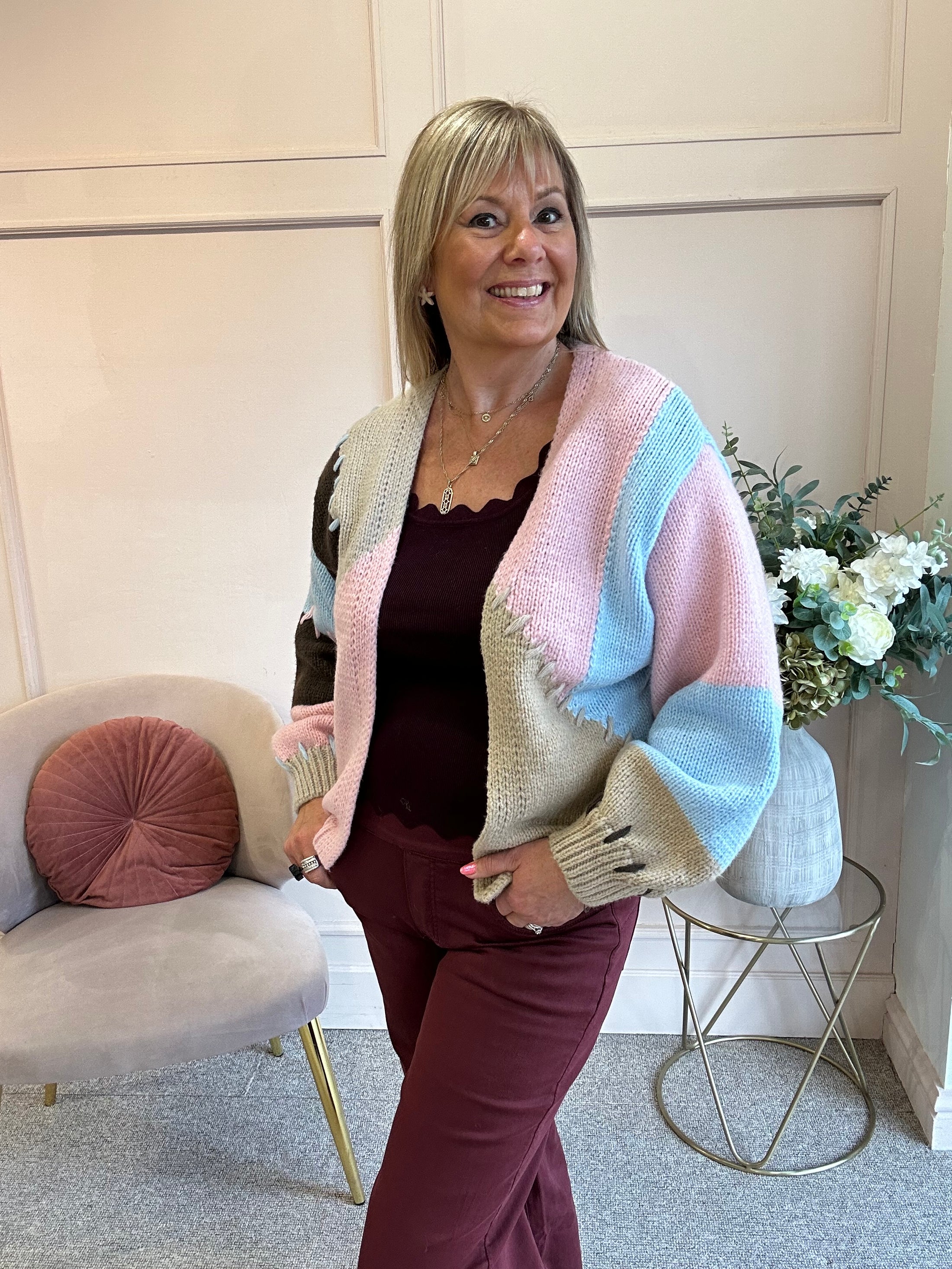 Open Block Coloured Cardigan- Pink/Blue/Latte
