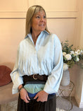 Load image into Gallery viewer, Sheer Shimmer Pleated Shirt - Aqua Blue - Wardrobe By Simone
