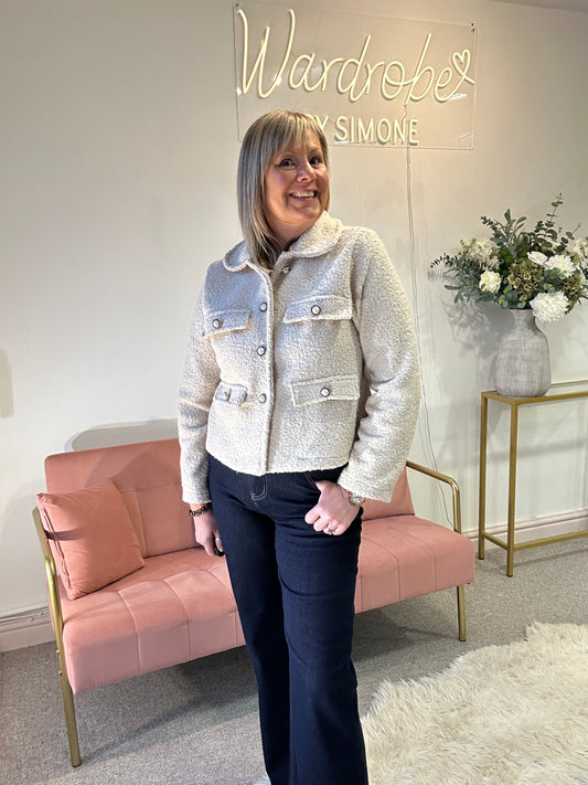 Stylish Teddy Boucle Pearl Jacket - Beige